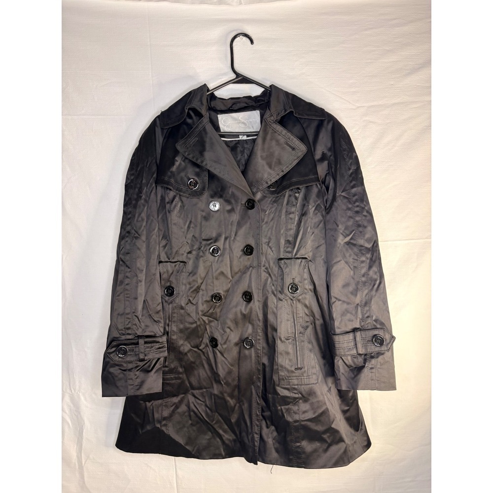 Jessica Simpson Black Sateen Double Breasted Trench Coat Jacket Womens Large L